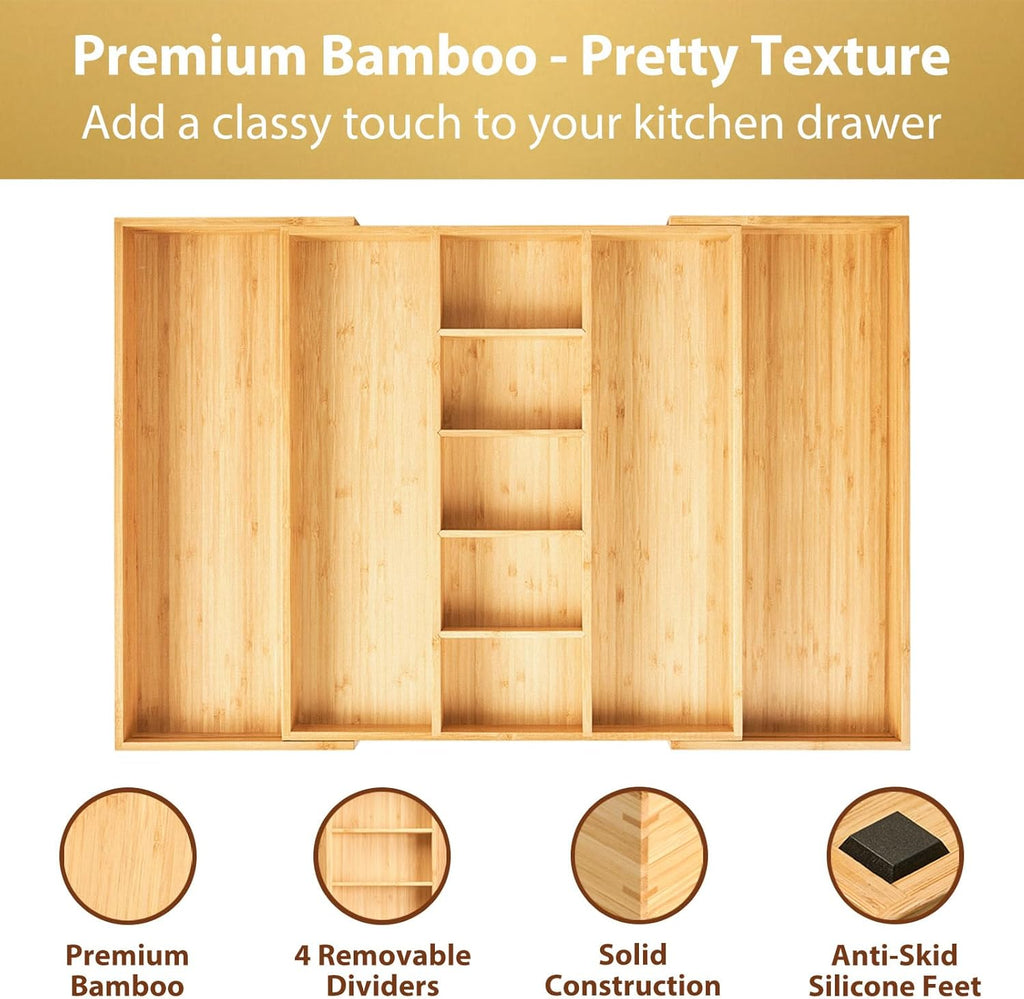 Umilife Extra Large Expandable Kitchen Drawer Organizer for Utensil and Junk, 19" Deep for Big Drawer, 17" to 28" Adjustable Bamboo Wood Drawer Divider, Cutlery Tray, Flatware Holder