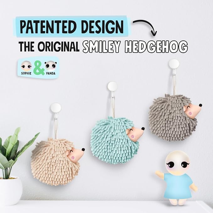 Sophie & Panda Fuzzy Ball Hand Towels - Smiley Hedgehog Hand Towels Family Set – Dry Your Hands Instantly and Conveniently with These Decorative Towels for Bathroom (2-Pack Beige)