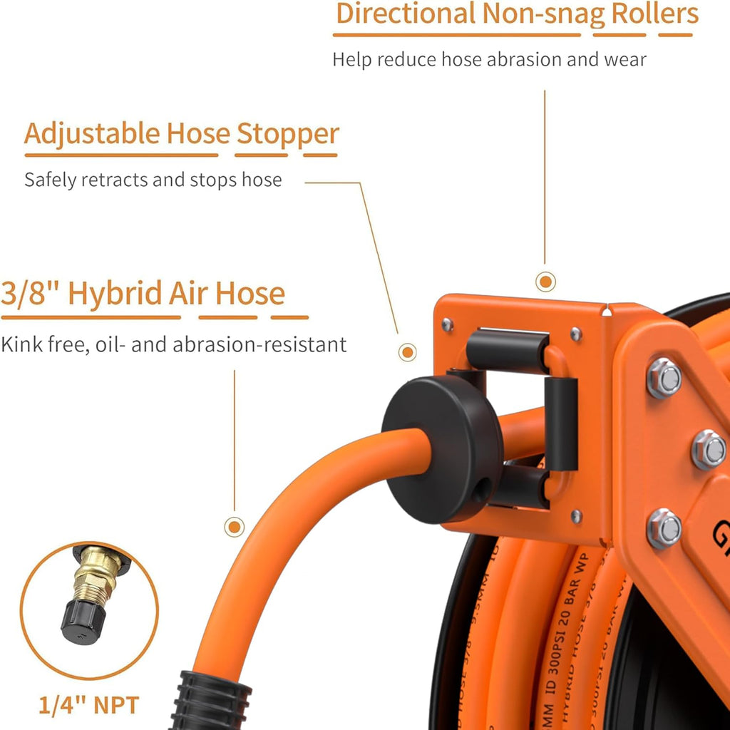 Giraffe Tools TA15BPLUS Retractable Air Hose Reel with Swivel Bracket 3/8" x 50 ft Hybrid Hose, Ceiling/Wall Mounted Heavy Duty Industrial Air Compressor Hose Reel, 300PSI, 50ft