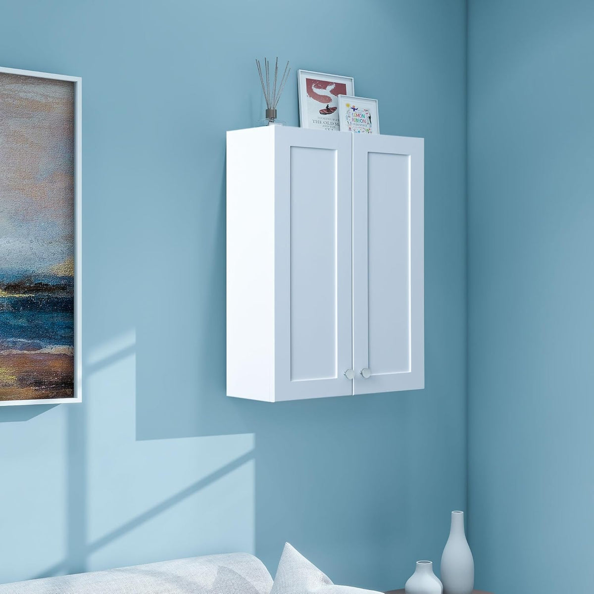 White Wall Mount Cabinet, MDF Over The Toilet Storage Cabinet with Adjustable Shelves, Space Saver 2 Door Medicine Cabinet for Bathroom Laundry Kitchen, 19x 27in, No Paint Odor