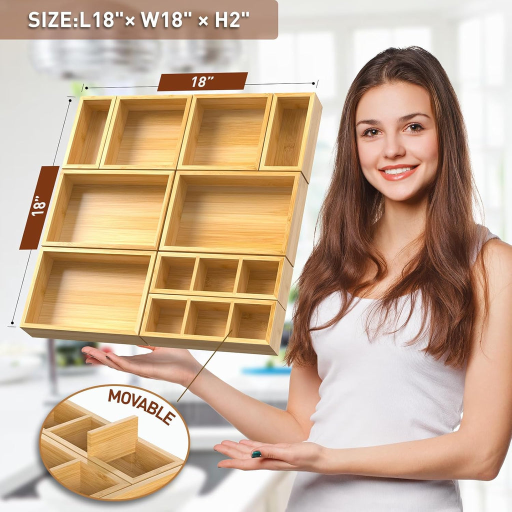 Bamboo Drawer Organizer, Set of 9 Wood Kitchen Junk Tea Desk Office Tray, Wooden Storage Boxes Organizers for Bathroom, Office (2" H 9 Boxes)
