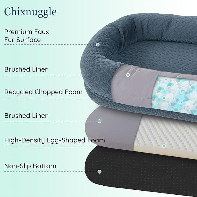 Human Dog Bed for Adult - Luxury Faux Fur Giant Size Dog Bed with Portable Handle, Egg Orthopedic Foam Bed with Blanket, 72"x40"x10", Grayish Blue