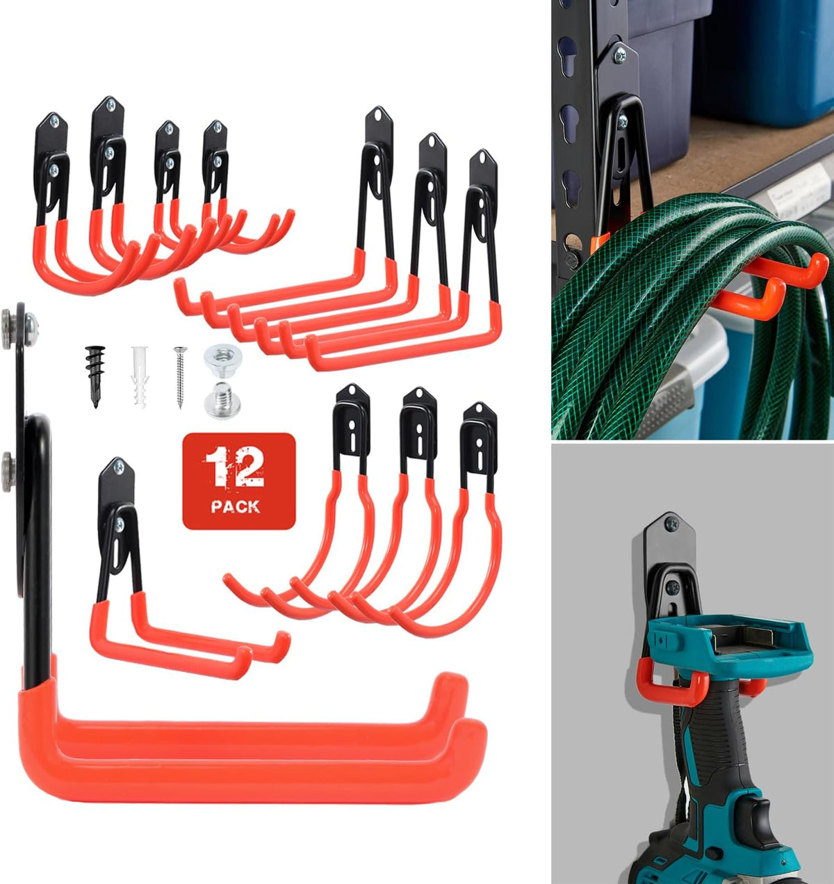 Wallmaster Garage Hooks Organizer Kit,12 Pack Adjustable Heavy Duty Shelving Hook,Wall Mount Utility Steel Garage Organization, for Organizing Garden Tools