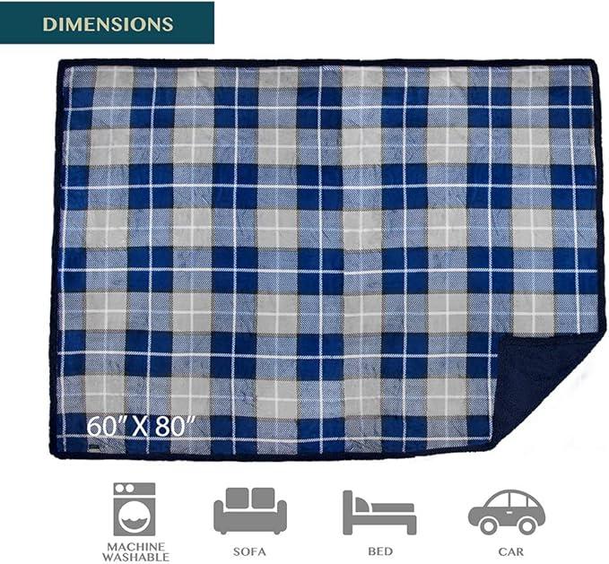 PAVILIA Waterproof Blanket for Couch, Sofa | Pet Protector for Large Dog, Puppy, Cat | Plush Soft Warm Fuzzy Sherpa Throw | Plaid Navy, 60x80