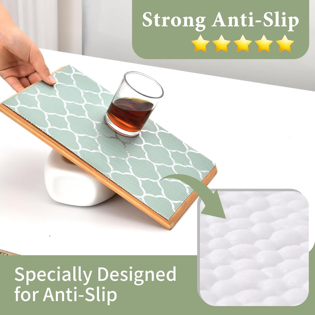 Shelf Liners for Kitchen Cabinets Non Adhesive Drawer Liner 12in x 20FT Light Green Quatrefoil Thickened Shelf Liner Strong Non-Slip Easy to Clean for Tool Box Refrigerator with Knife and Tape Measure