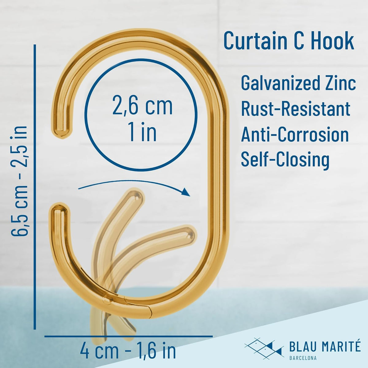 12 Metal Shower Curtain Hooks, Rust-Proof Decorative C-Shaped Curtain Hooks for Bathroom, Golden Shower Curtain Rings, Fits Rods Up to 1 Inch (C, Gold)