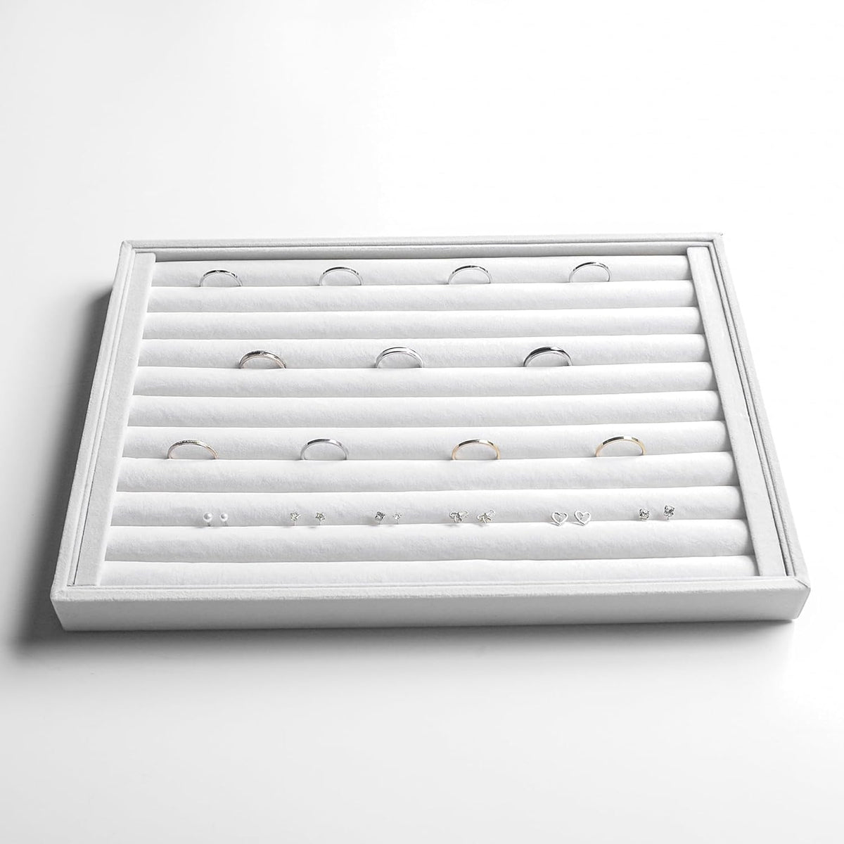 Frebeauty Stackable Velvet Jewelry Organizer Trays for Drawers Inserts Jewelry Storage Tray Display Case, Stud Earrings Bracelets Necklace Rings Accessories Trays for Women(Set of 4)(White)