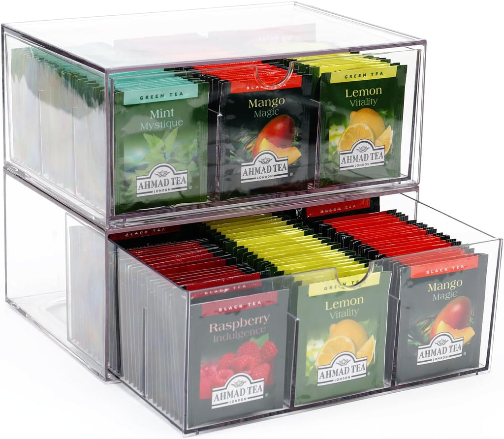 2 Large Acrylic Tea Bag Organizer, 9 Grids Tea Organizers and Storage with Acrylic Drawers Stackable, Teabag Holder Organizer for Counter Countertop Kitchen Cabinet