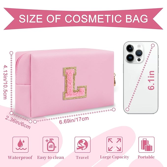 Personalized Initial A-Z Preppy Patch Makeup Bag,Small PU Leather Chenille Letter Cosmetic Bag with Zipper for Teen Girls,Pink Cute Travel Toiletry Bag,Birthday Monogrammed Gift for Daughter,Letter L