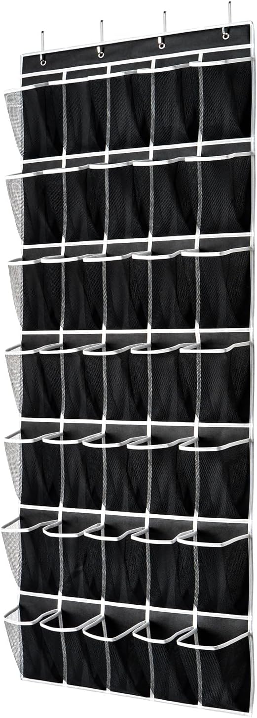 35 Pockets Over the Door Shoe Organizer, Hanging Shoe Organizer for Door with 35 Mesh Pockets Large Capacity Shoe Hanging Storage Bag with 4 Metal Hooks (Black-1Pack)