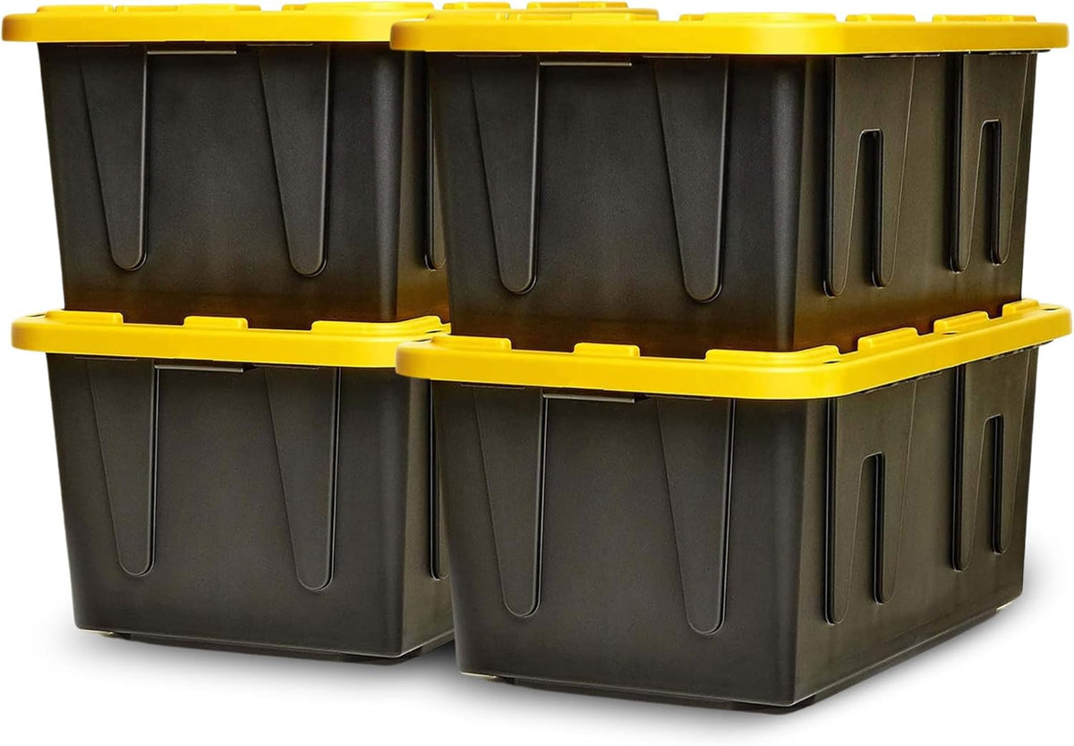HOMZ 4-Pack Durabilt Tote, Heavy Duty Plastic Storage Bins with Lids, 27 Gallon, Black/Yellow - Stackable Organizing Containers for Home, Garage, and Shed