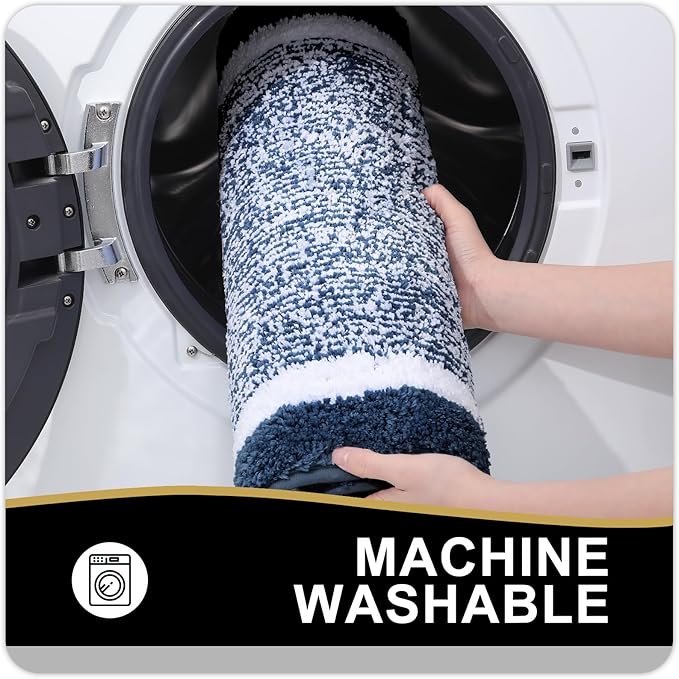 OLANLY Toilet Rugs U-Shaped 24x20, Extra Soft and Absorbent Microfiber Bathroom Rugs, Non-Slip, Machine Wash Dry, Plush Shaggy Contour Bath Mats for Toilet Base (Navy and White)
