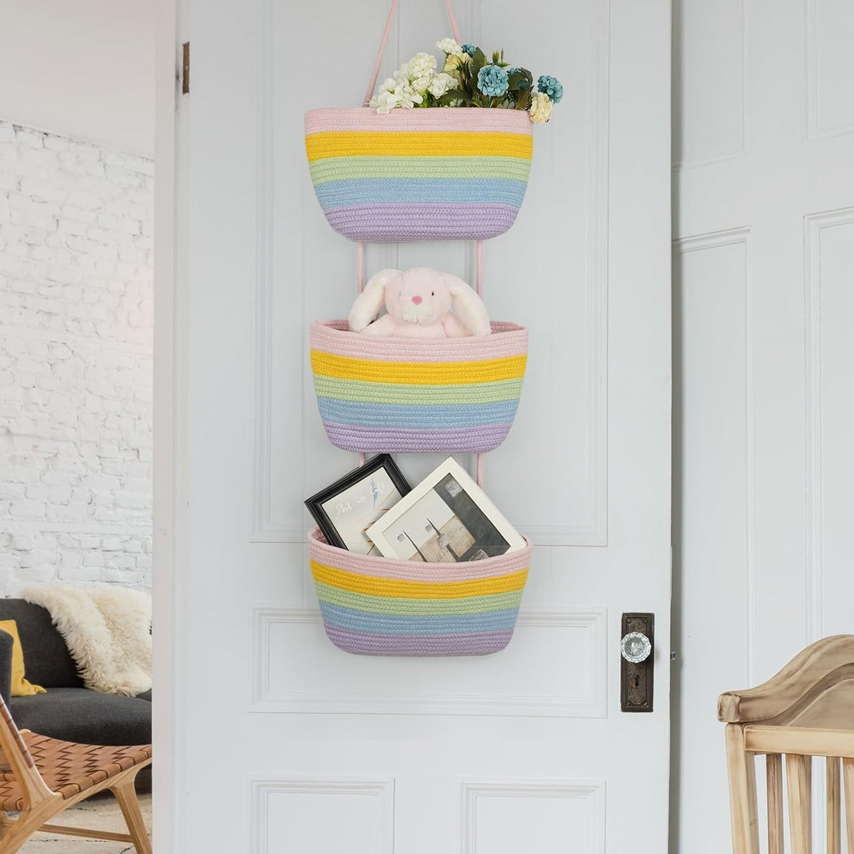 TeoKJ Over the Door Organizer, 3-Tier Woven Cotton Hanging Storage Baskets, Wall-Mounted Baskets for Nursery Organization, Rainbow