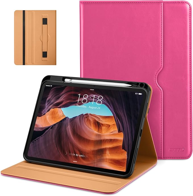 DTTO for iPad (A16) 11th Generation Case 11 Inch 2025, iPad 10th Generation Case 10.9 Inch 2022, Premium Leather Business Folio Stand Cover with Pencil Holder - Auto Wake/Sleep, Rose Red A2