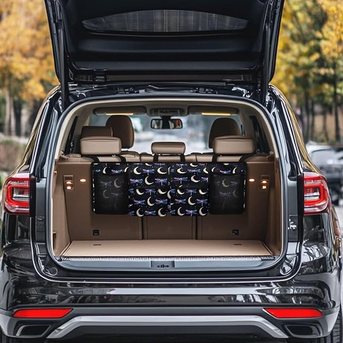 Dragonfly Moon Large Capacity Car Trunk Organizer, Waterproof Oxford Backseat Hanging Storage Bag with 4 Pockets, Foldable Car Organization for Car Tools, Car Accessory for SUV Truck