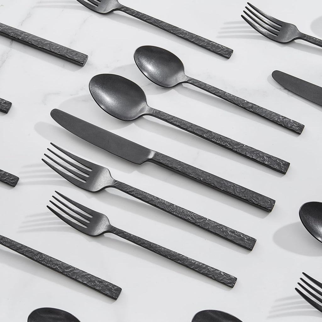 KINGSTONE 20 Pcs Black Hammered Silverware Set for 4, 18/10 Stainless Steel Heavy Duty Flatware Set, Tableware Cutlery Utensil Sets for Home Restaurant Dishwasher Safe