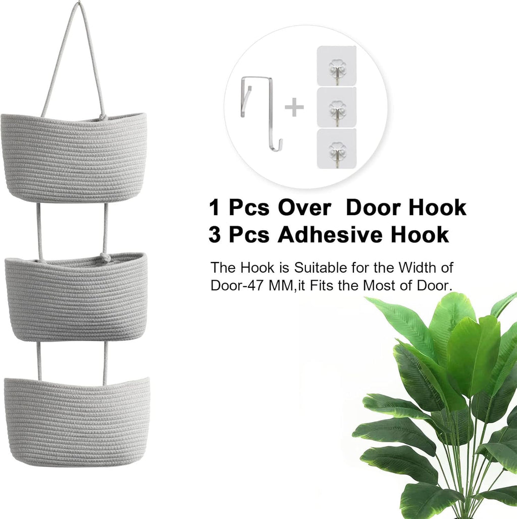 TeoKJ Over the Door Organizer, 3-Tier Woven Cotton Hanging Kitchen Baskets Storage Organizer Bag with Hooks Wall-Mounted Decorative Rope Baskets - Gray