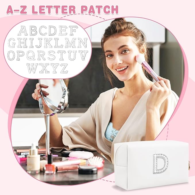 Bride Gifts – Personalized Initial Makeup Bag with Pearl Rhinestone Patch, Preppy White Monogram Cosmetic/Toiletry Pouch, bridesmaid Gifts, Bridal Shower Gifts, Wedding Gifts, Bridal Gifts,D