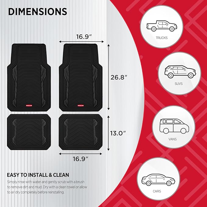 Rubbermaid Car Floor Mat, Heavy Duty All-Weather Car Mats Full Set with Dual-Tone Black Aluminum Inserts – Universal Fit, Anti-Slip Backing, Trim-to-Fit for Most SUV, Sedan, Van