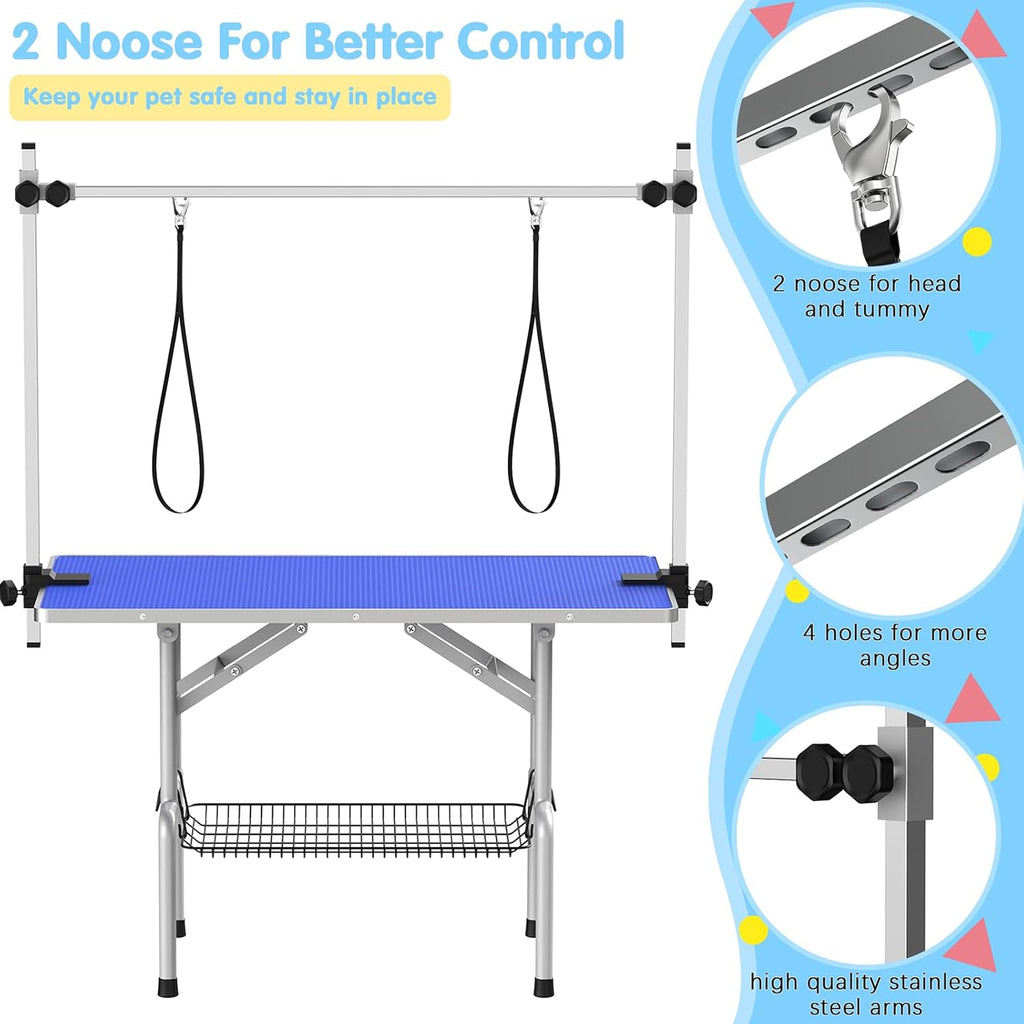 Lyromix 42''Large Dog Grooming Table, Adjustable Cat Drying Desktop with Arms, Nooses, Mesh Tray, Foldable Pet Station at Home, Maximum Capacity Up to 330Lb, 42inch, Blue