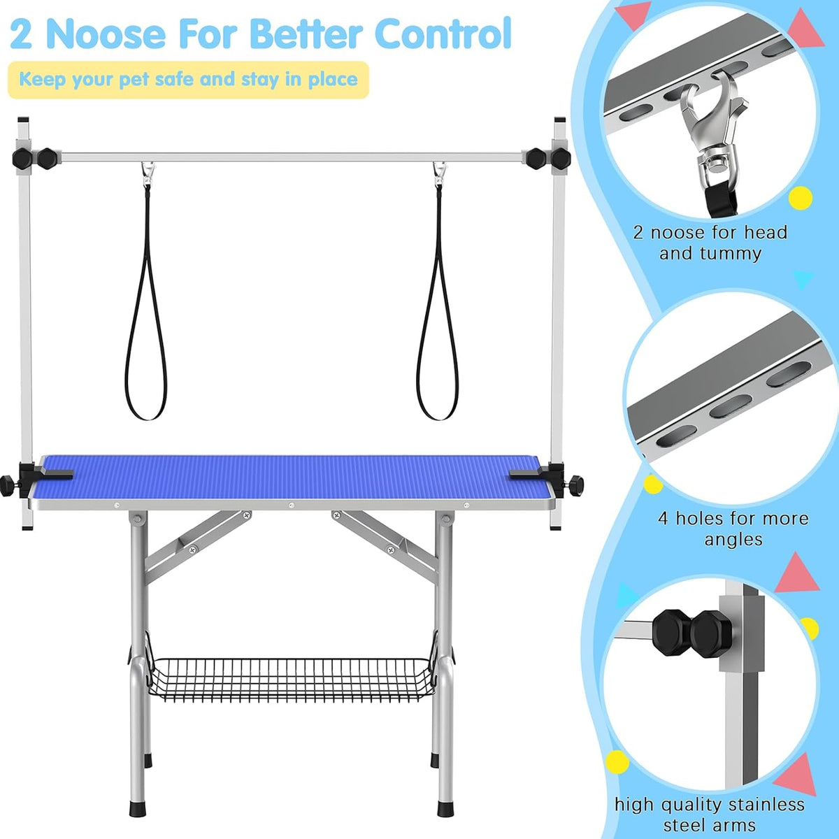 Lyromix 42''Large Dog Grooming Table, Adjustable Cat Drying Desktop with Arms, Nooses, Mesh Tray, Foldable Pet Station at Home, Maximum Capacity Up to 330Lb, 42inch, Blue