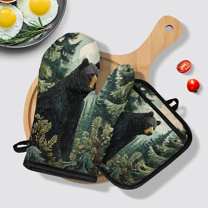 Black Bear Forest Wild Animals Oven Mitts and Pot Holders Sets, 2 Pcs Decorative Kitchen Oven Glove for Cooking