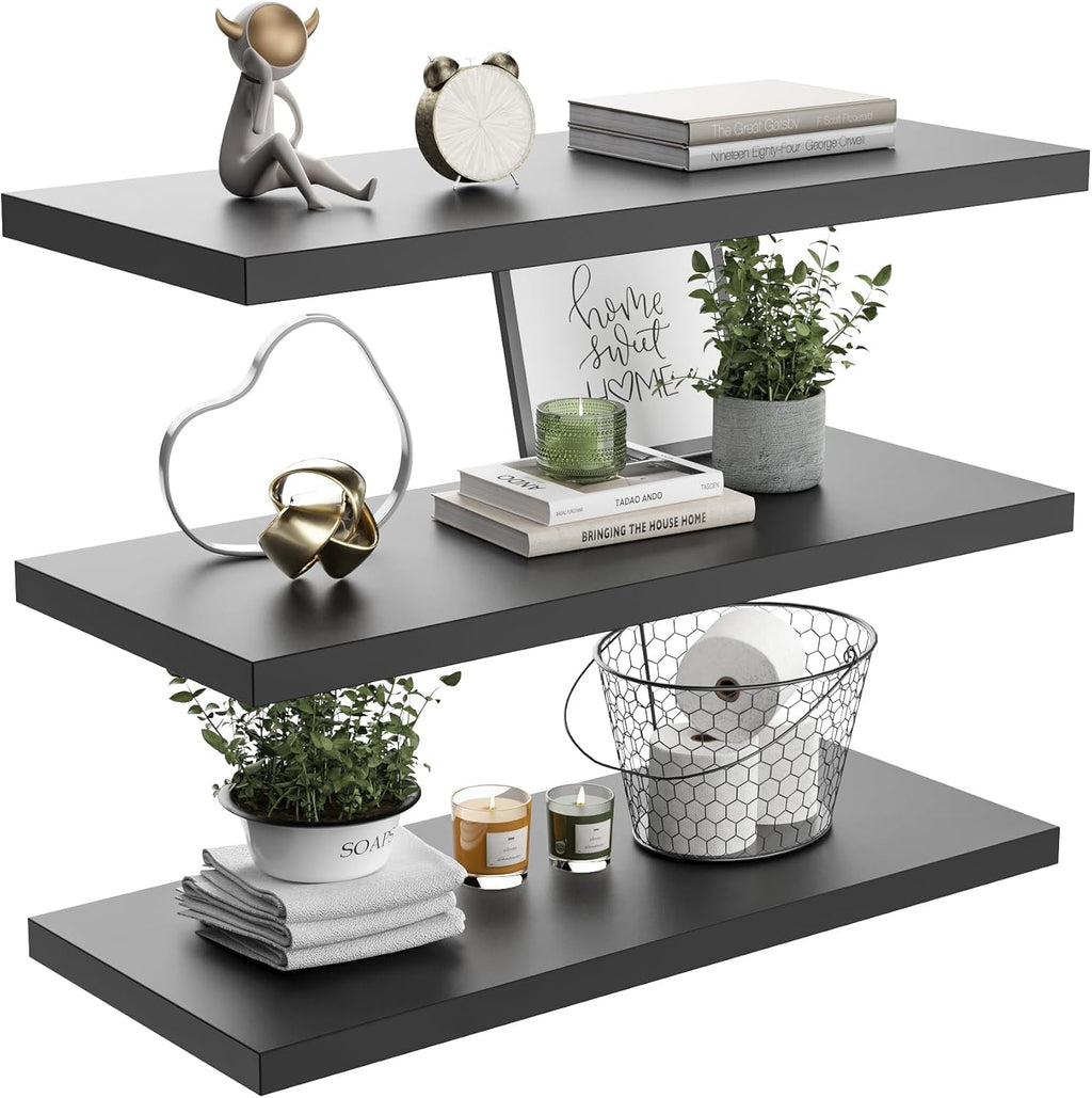 Wall Shelf Set of 3, Black Floating Shelves 36 in W x 10 in D x 1 in H, Wooden Floating Wall Shelf with Invisible Brackets for Living Room/Bedroom/Bathroom/Kitchen Storage and Decor