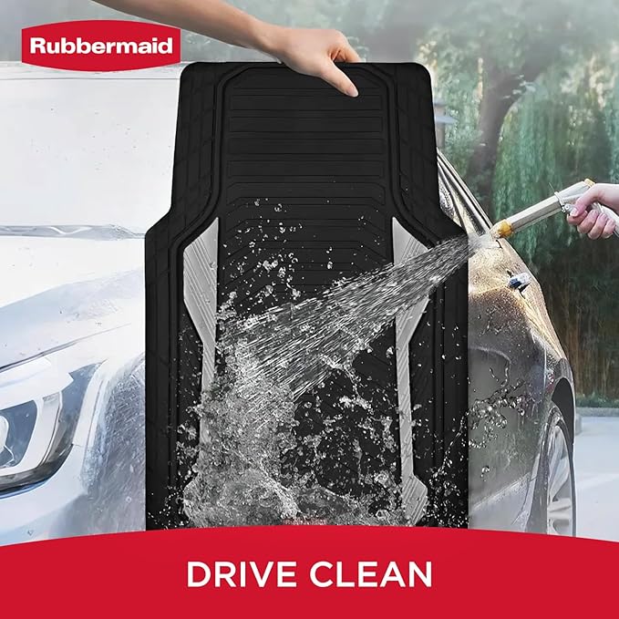 Rubbermaid Car Floor Mat, Heavy Duty All-Weather Car Mats Full Set with Dual-Tone Sliver Aluminum Inserts – Universal Fit, Anti-Slip Backing, Trim-to-Fit for Most SUV, Sedan, Van