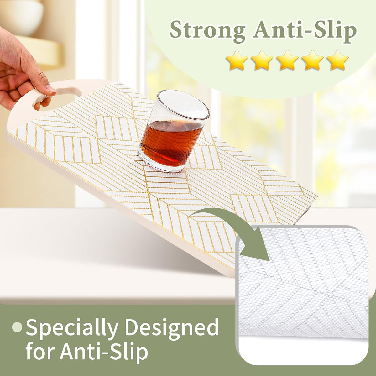 Shelf Liners for Kitchen Cabinets 17in x 40FT, Non Adhesive Cabinet Liner Strong Non-Slip Thickened Gold Geometric Drawer Liner, Easy to Clean for Shelf, Cabinet with Knife and Tape Measure