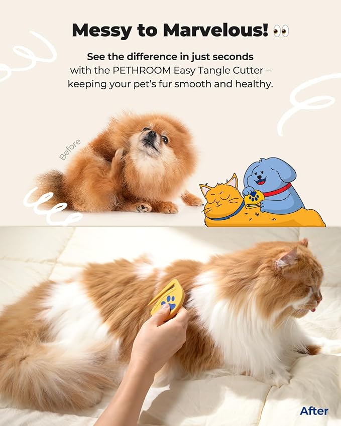 PETHROOM Easy Tangle Cutter for Dogs & Cats | Professional Dematting Tool with Steel Blade | Cat Matted Fur Remover | Safe & Gentle Pet Grooming Comb for Long & Medium Coats
