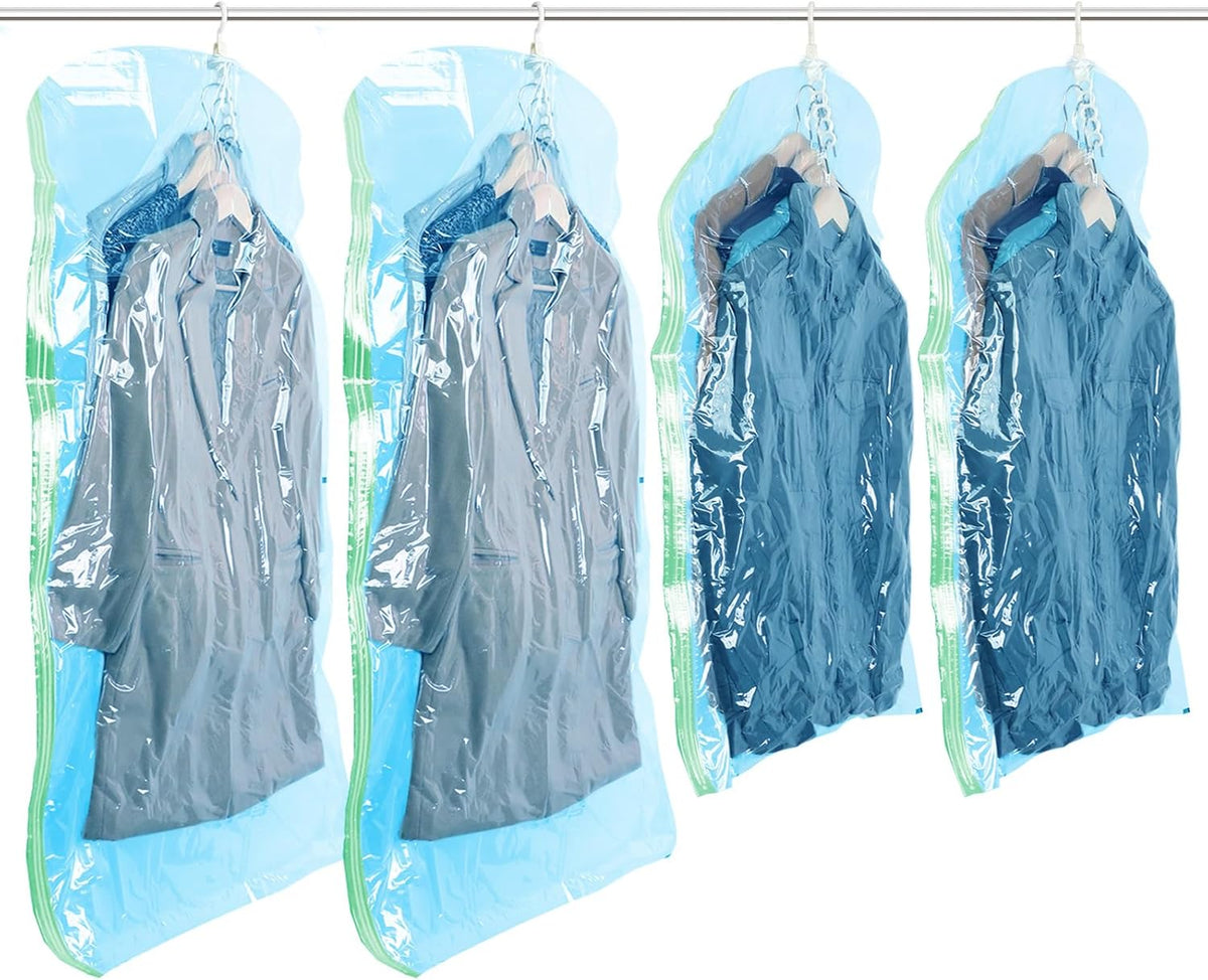TAILI Hanging Vacuum Storage Sealer Space Saver Bags for Clothes, Coat, Closet Organizers, 4 Pack (2 Long, 2 Short) Blue