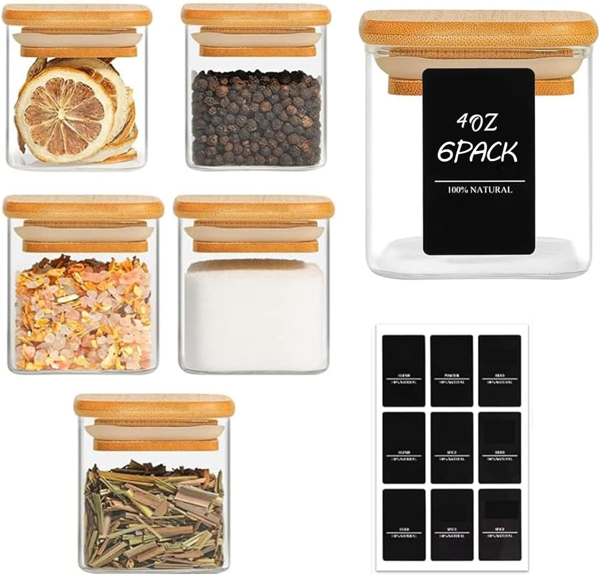 ComSaf Spice Jars with Labels 4 oz 6Pack, Small Spice Containers Starter Set, Glass Seasoning Jars with Lids, Square Seasoning Containers for Salt, Pepper, Chili Powder, Sugar, Ginger Ground, Cumin