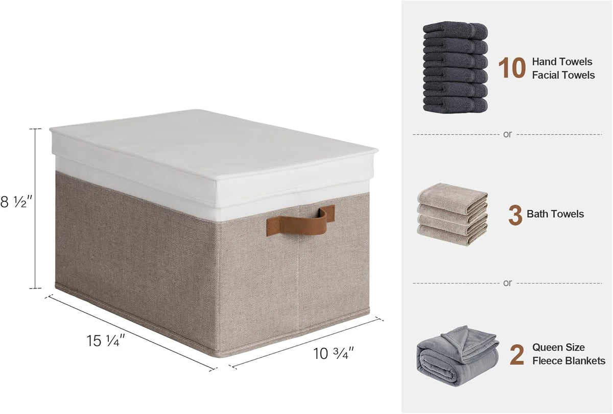 StorageWorks Large Storage Bins with Lids, Decorative Storage Boxes with Lid and PU Handles, Foldable Storage Baskets for Closet, Shelves, Stackable, Brown and White, 3-Pack