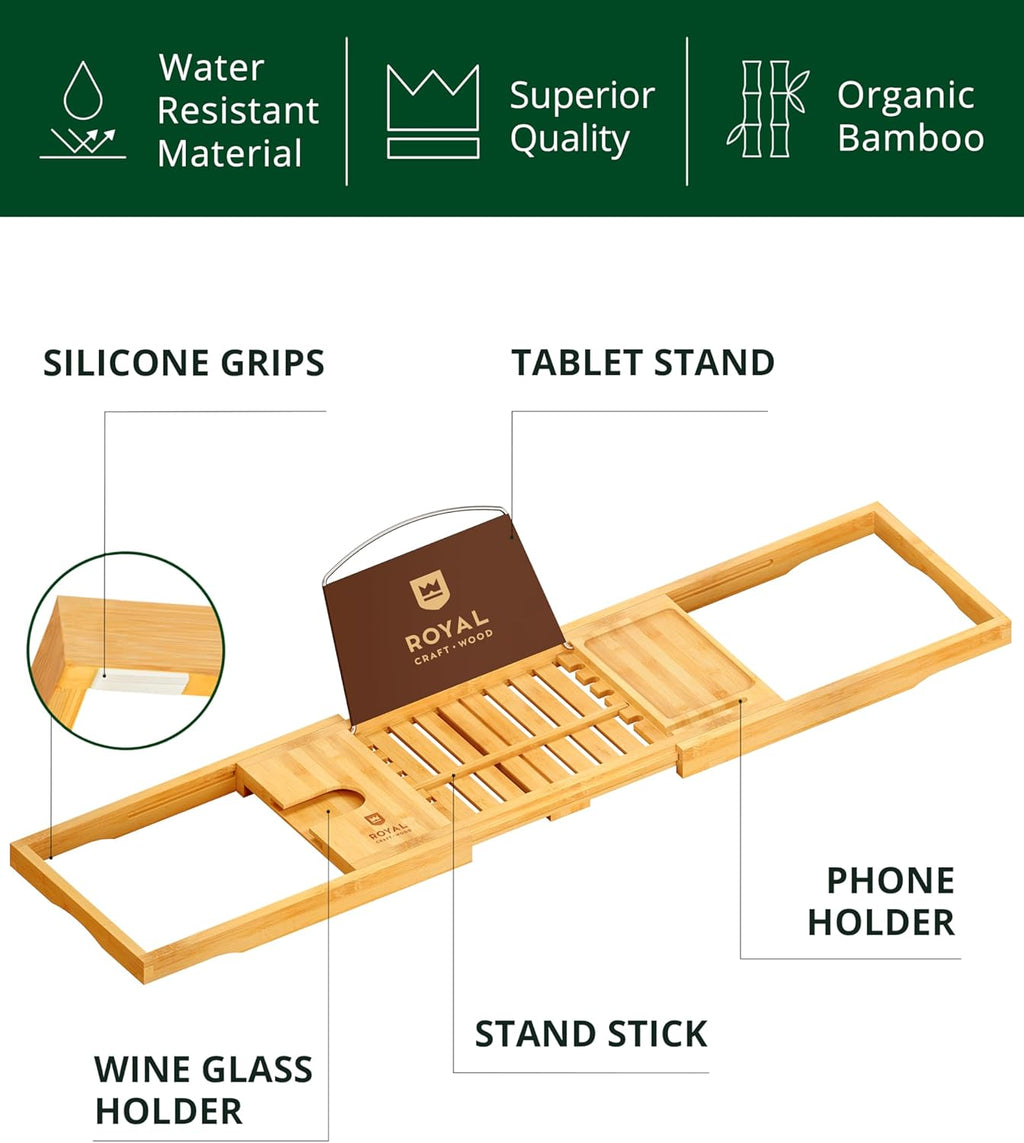 ROYAL CRAFT WOOD Premium Foldable Bathtub Tray Caddy - Wood Bath Tray for Tub, Bamboo Shelf, Expandable Bath Table Trays, Bathtub & Bathroom Accessories for New Home & Mothers, Birthday Gifts for Mom