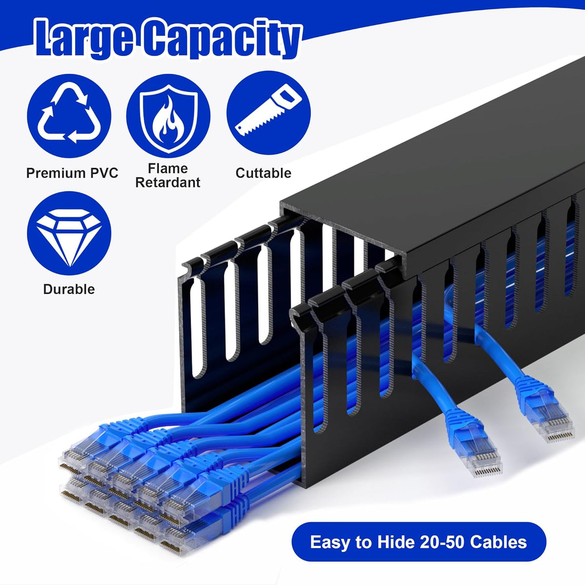 99in (6x L16.5in) Professional Server Rack Cable Management Raceway, H2.4in x W2in Large Capacity Cable Raceway Kit, Electrically Safe PVC, Open Slot Wire Raceway for Under Desk/Computer/Network Cords