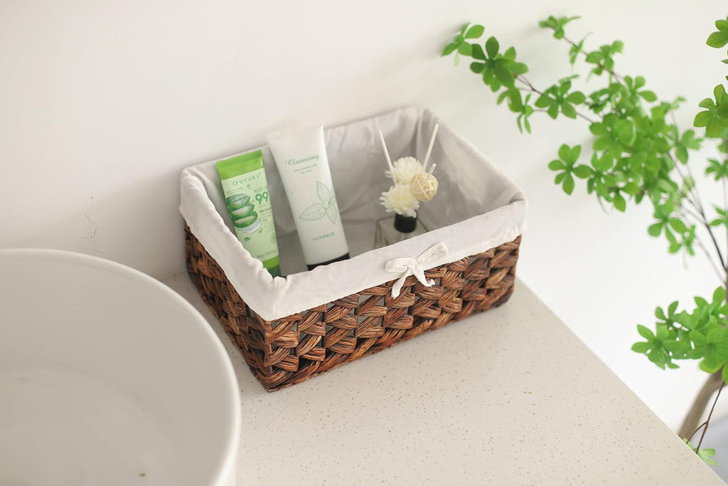 Rectangular Woven Seagrass Storage Bins with Handle,Kingwillow. (water hyacinth, Small)