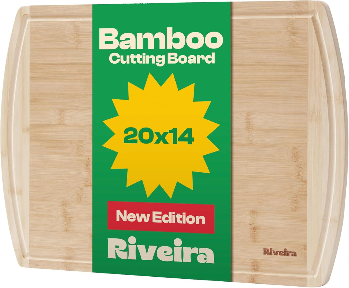 Riveira Two Tone Bamboo Wood Cutting Board – Gourmet Bamboo Grandeur: 20 x 14 Wooden Cutting Board – Wooden Cutting Boards For Kitchen Decorative – Innovative Juice Grooves Wooden Chopping Board
