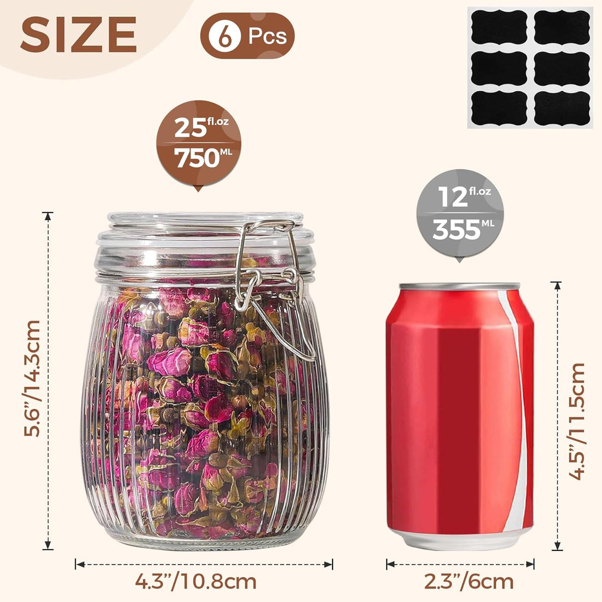 ComSaf Airtight Glass jar with lid 26oz Set of 6, Glass Storage Containers with Lids, Glass Canister, Mason Jars, Striped Clip Fastening Jar for Kitchen Canning, Oat, Coffee, Pasta, Snack, Nut, Candy