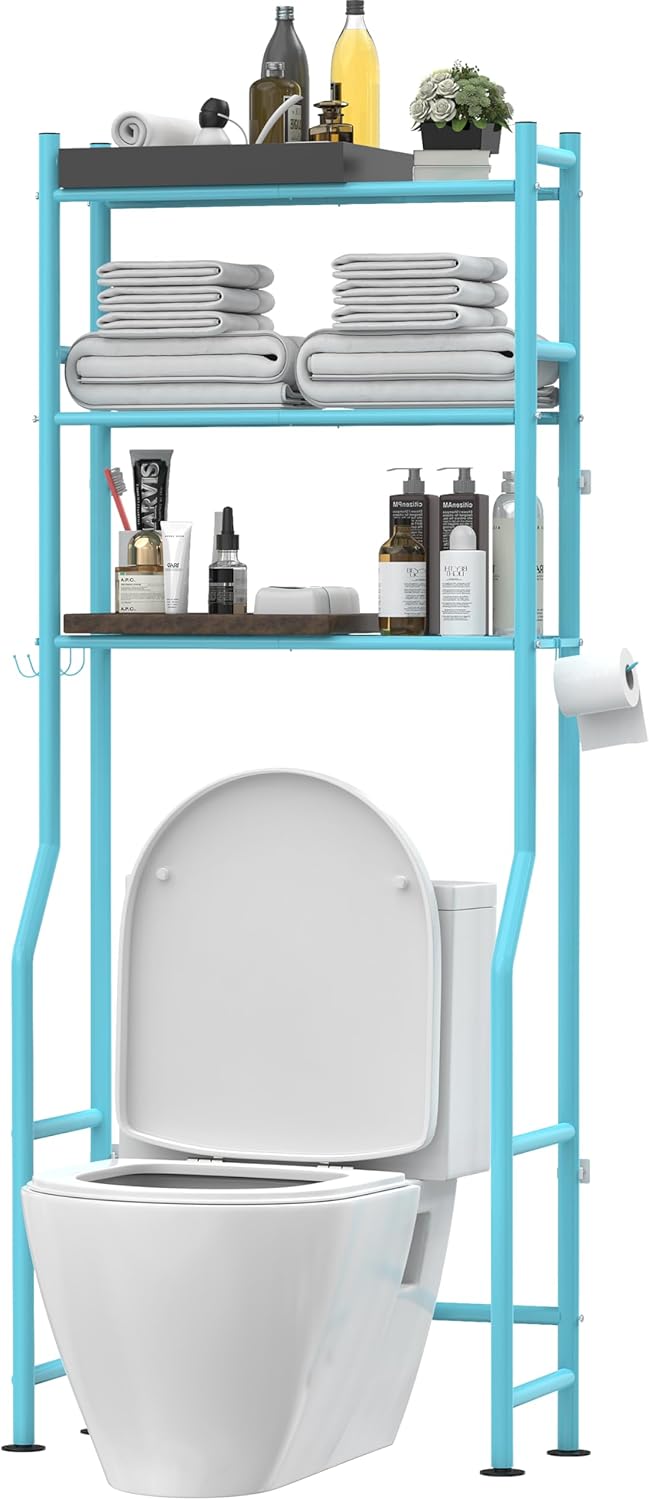 3-Tier Over The Toilet Storage, Freestanding Metal Bathroom Shelves with 4 Hooks, Over Toilet Storage Shelf with Paper Holder, Above The Toilet Shelf for Bathroom Storage, Blue