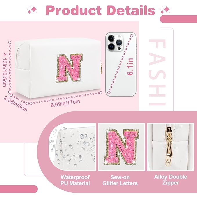 Small Personalized Initial A-Z Patch Makeup Bag,White Cute PU Leather Glitter Letter Cosmetic Bag for Teen Girls,Travel Toiletry Bag with Zipper,Preppy Monogrammed Birthday Gift for Daughter Niece N