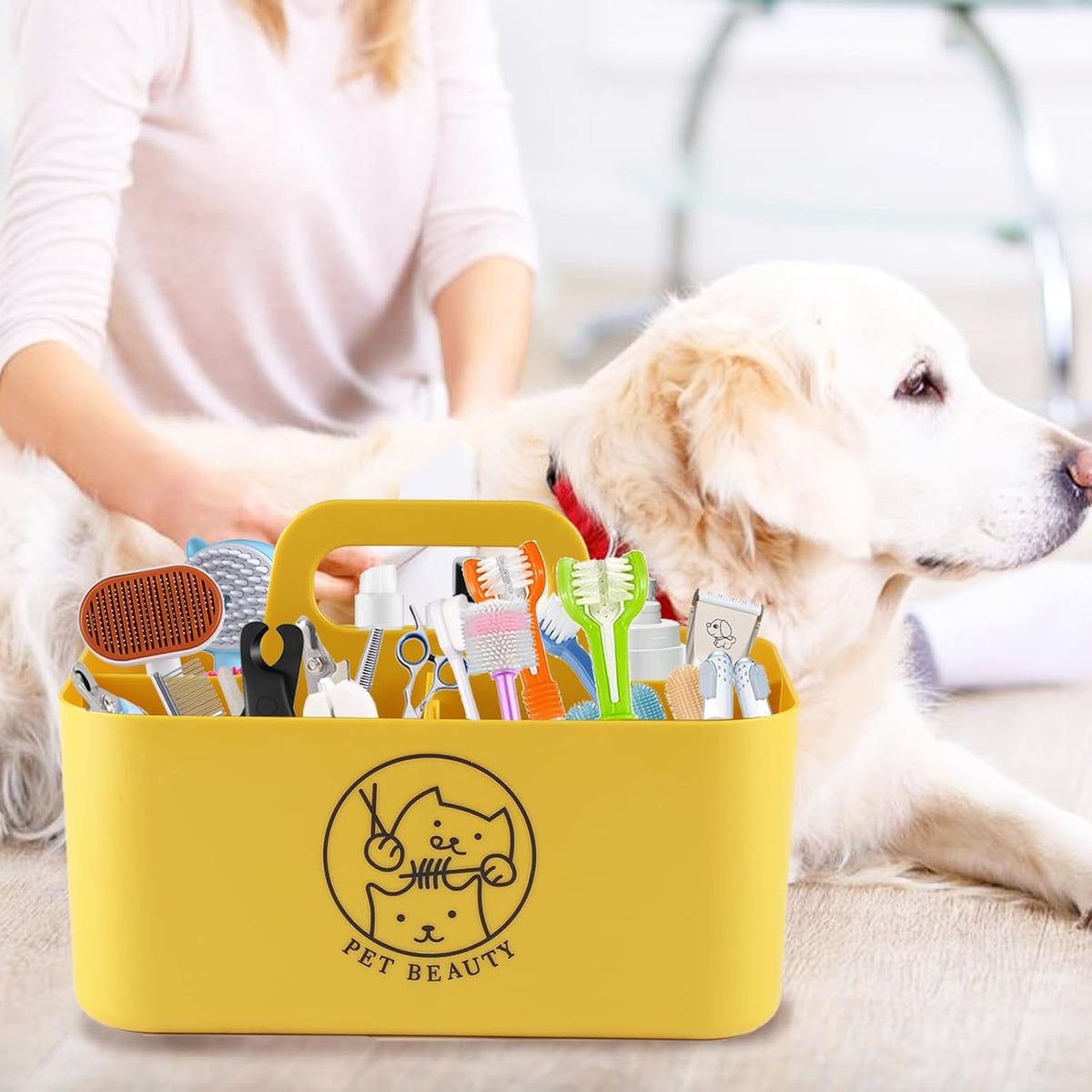 Dog Storage Organizer for Grooming Supplies,Portable Caddy Organizer for Pet Stuff,Divided Storage Bin for Dog Cat Grooming Kit,Dog Stuff Organizer with Handle for Shampoo,Clipper,Comb-Yeloow