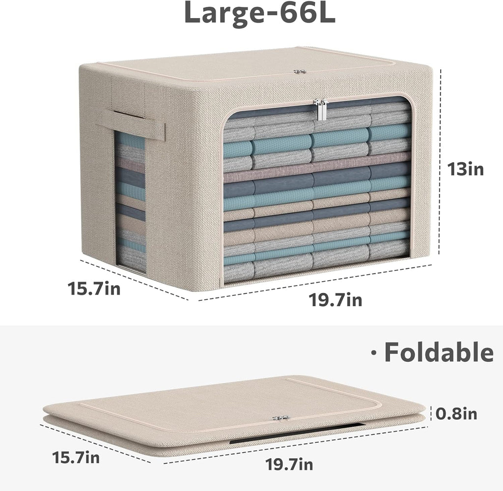 CYhom 3Pack Foldable Storage Bins - Frame Storage Box Linen Fabric Stackable Clothes Container Organizer with Clear Window & Carry Handles Large Capacity (Large-66L, Beige)