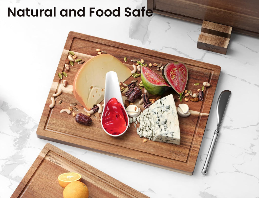 Acacia Wood Cutting Boards for Kitchen(Set of 3),Wooden Chopping Boards Set with Juice Groove, Large Serving Board with Holder,Butcher Block for Meat,Vegetables,Fruit