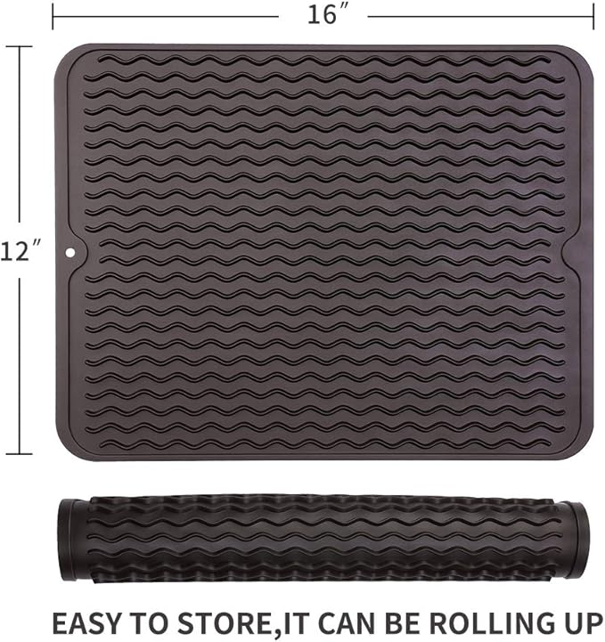Silicone Dish Drying Mat for Multiple Usage,Easy clean,Eco-friendly,Heat-resistant Silicone Mat for Kitchen Counter or Sink,Refrigerator or drawer liner Coffee L 16 inches x 12 inches