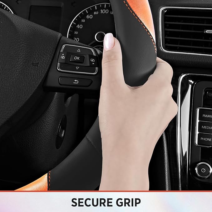 Road Comforts Steering Wheel Cover – Breathable Leather Steering Wheel Cover, Anti-Slip Grip, Universal Fit 14.5” to 15”, Heat & Cold Resistant for Cars, SUVs, and Trucks – Black & Shining Orange