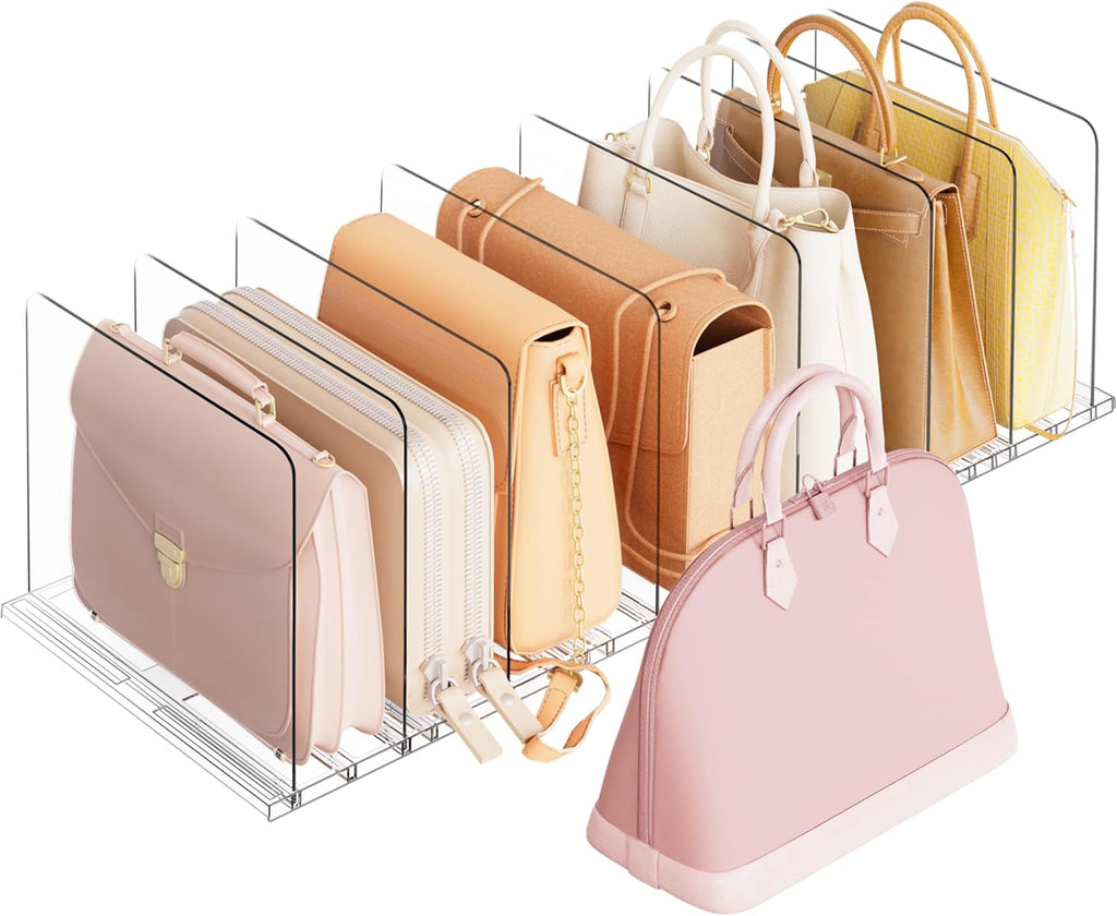 Criusia Adjustable Closet Purse Organizer Rack – 28.8" Extra-Long Shelf Divider with 6 Base Panels & 8 Dividers – Non-Slip Handbag Holder for Bags, Clothes, Kitchen, Office