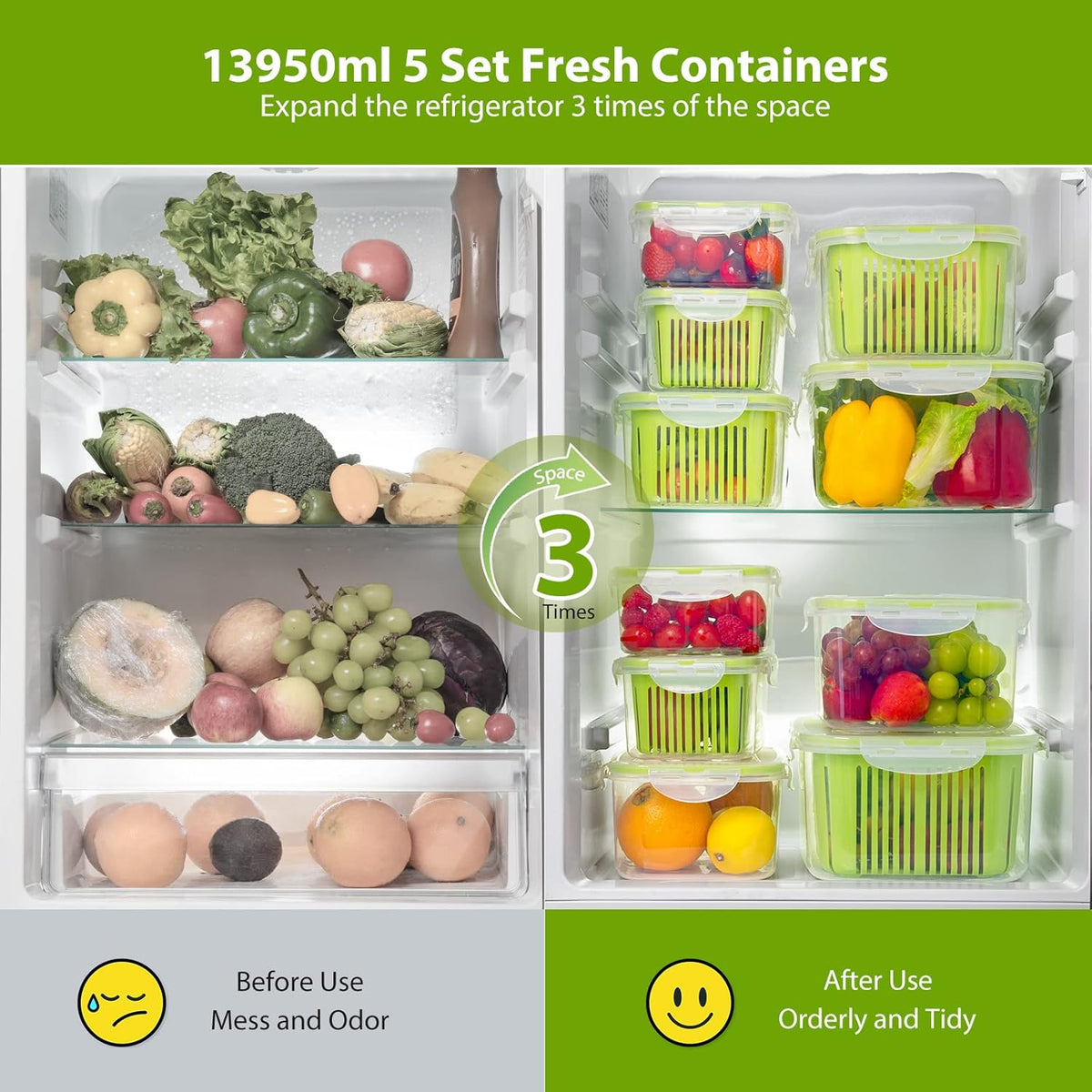 LUXEAR Fruit Vegetable Produce Storage Saver Containers with Lid & Colander 5 Packs BPA-Free Plastic Fresh Keeper Set | Refrigerator Fridge Organizer | for Salad Berry Lettuce Food Celery - Green