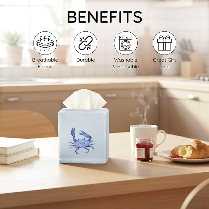 EmbroideryLinen.VN Tissue Box Cover Set of 2, Square Cotton Tissue Holder, Printed Animal Pattern, 4.5x4.5x5.5 Inches, Decorative Holder for Bathroom, Living Room, Office (Blue & Red Crab)