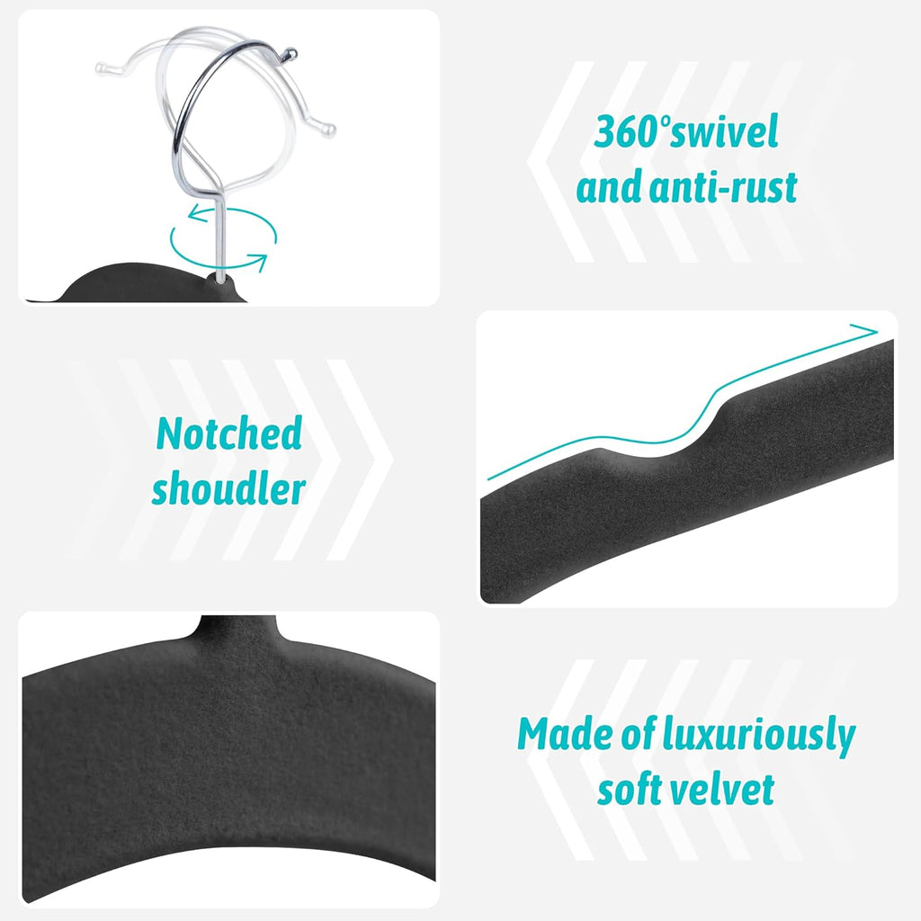 Premium Velvet Hangers 30 Pack - Space-Saving Closet Organizer for Clothes, Non-Slip Flocked Design, Ideal for Shirts and Coats (Black)