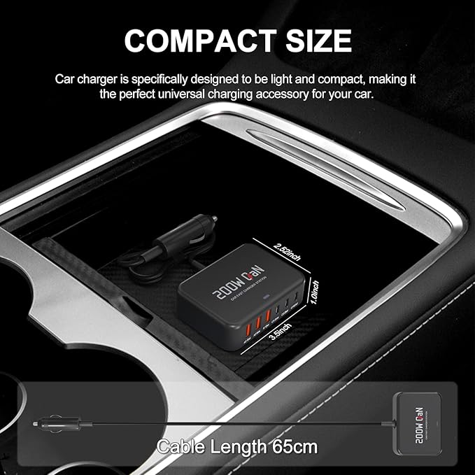 200W Car Fast Charging Station,6 Ports, Compatible with MacBook pro/Air/M5 M4 M3 M2 M1/Dell/Lenovo/HP,for iPhone 17/16/15 Series,Samsung Galaxy S26/S25 Ultra/S24 Series and More